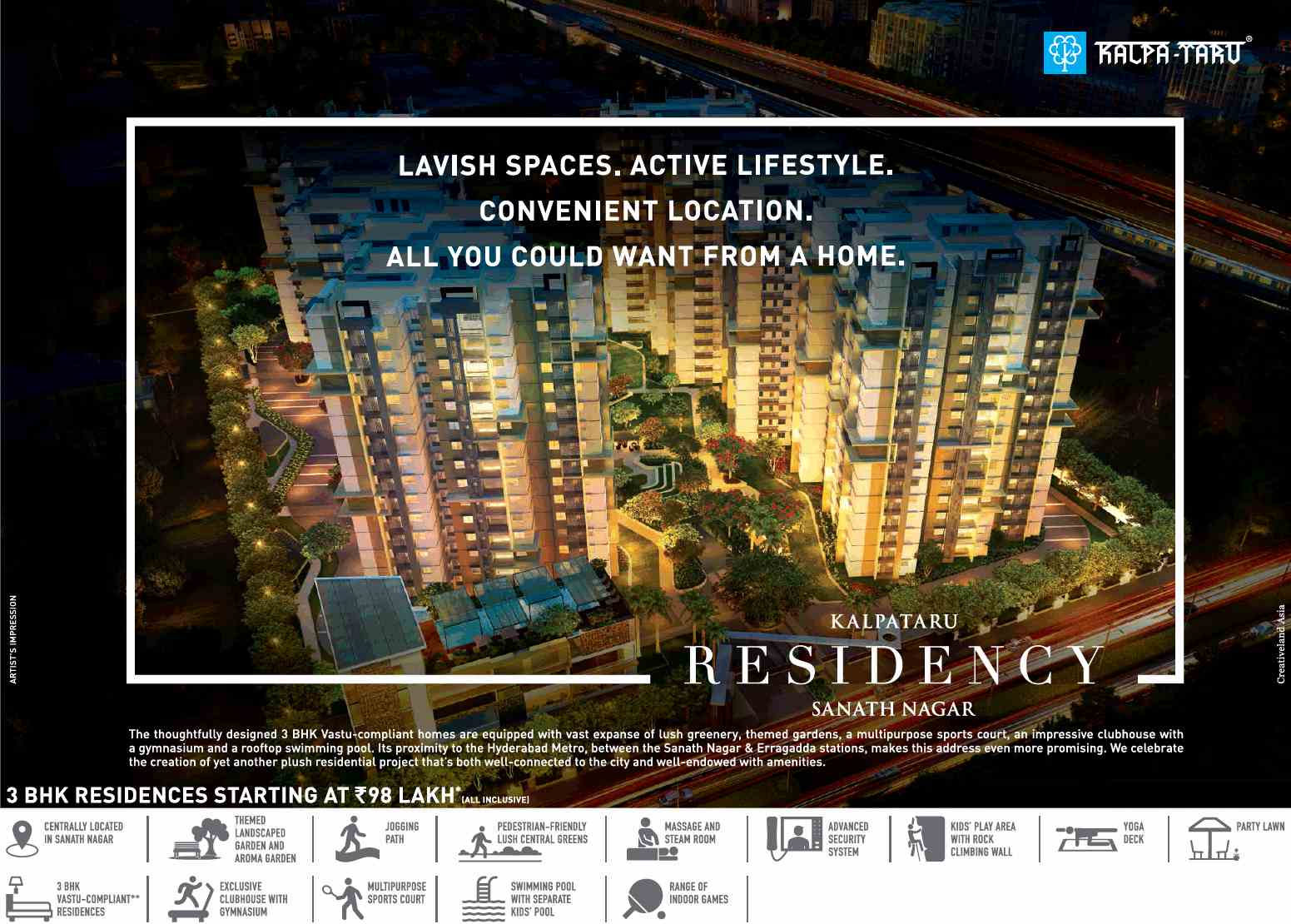 Book 3 BHK @ Rs 98 Lakhs at Kalpataru Residency in Sanath Nagar, Hyderabad
